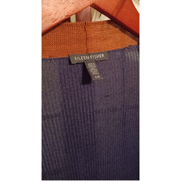 Eileen Fisher Slit Side Tencel/Silk-Blend Long Cardigan - Navy Blue/Brown - Picture 11 of 16